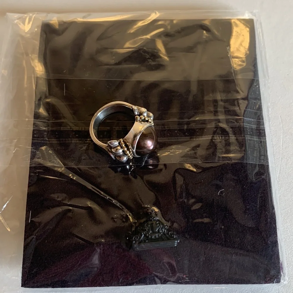 LAGOS SS and 18K gold caviar black mobe ring
